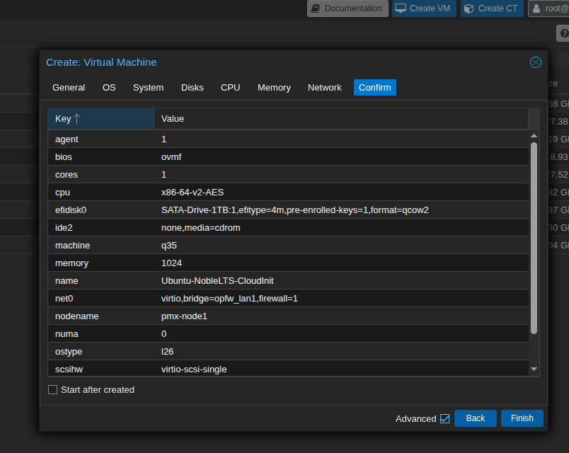 Proxmox “Create VM” wizard – System tab with q35, OVMF, and Qemu Agent selected